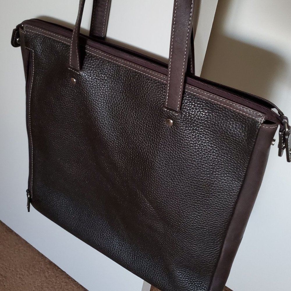 Levenger Shoulder Tote Bag Pebble Leather Espresso - Picture 12 of 15